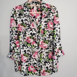 NY Collection Woman's Floral Button-Up Blouse Black White & Pink Sz L